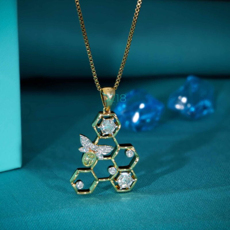 Hexagon Cut Lab Created Honey Bee Pendant