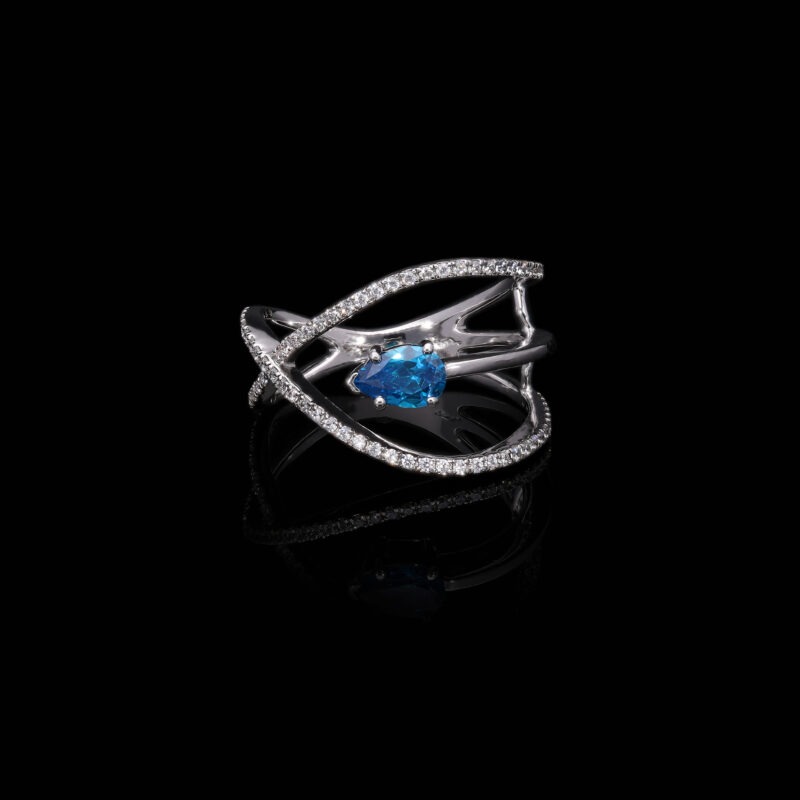 Blue Moissanite Pear and Round Lab Diamond Ring