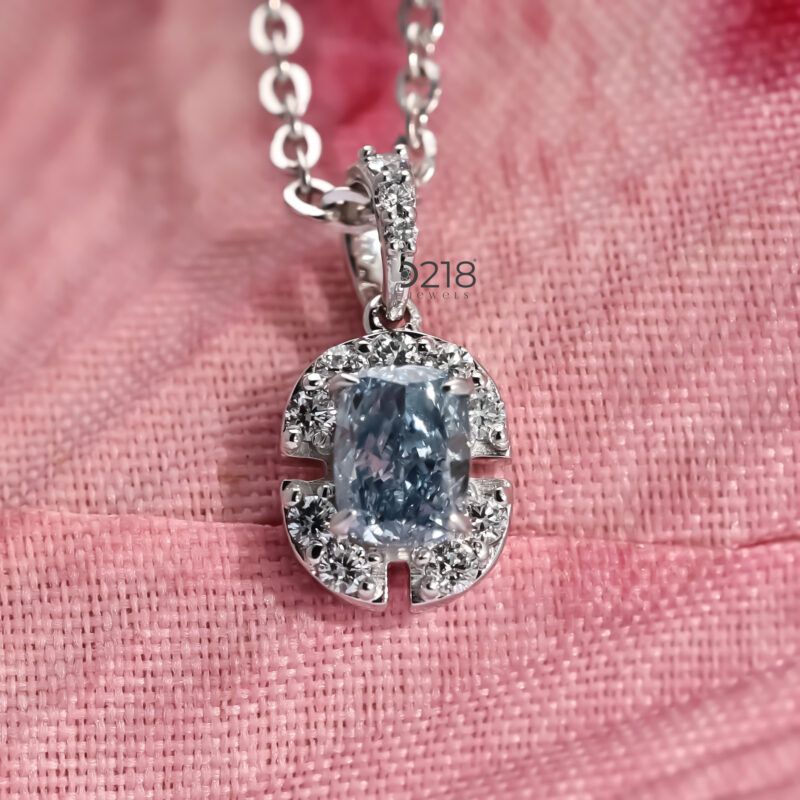 Blue Cushion Lab Grown Diamond Halo Pendant