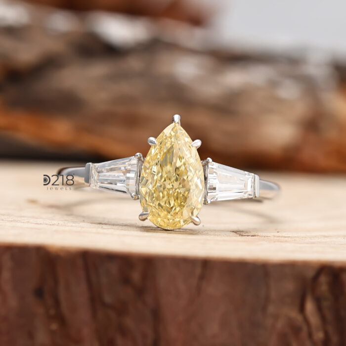 Pear and Baguette Trilogy Diamond Ring, lab grown diamond, lab created diamond